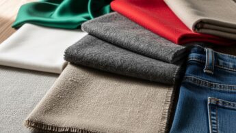 Zblízka látky rôznych materiálov usporiadané na drevenom stole s viditeľnou textúrou a stehy.