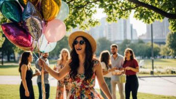 Mladá žena s balónmi oslavuje narodeniny v parku s priateľmi počas slnečného dňa