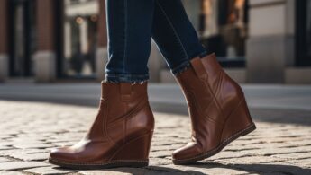 dámske kožené klinové topánky na kociekovej ulici s ležérnym mestským outfitom