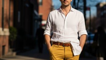 Muž v horčicových nohaviciach, biela ľanová košeľa a hnedý kožený opasok na mestskej ulici.