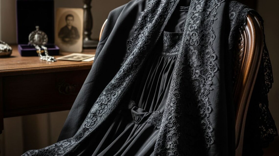 Detailný záber čierneho smútočného odevu na starej drevenej stoličke v tlmenom svetle.