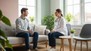 Pacient sedí na sedačke v jasnej fyzioterapeutickej čakárni, fyzioterapeut vedľa neho komunikuje.