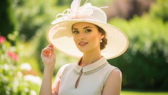 Štýlová žena v širokom klobúku stojaca v prírodnom svetle v záhradnom prostredí.