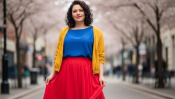 Fotorealistický portrét sebavedomej ženy plus veľkosti v modernom oblečení na ulici na jar