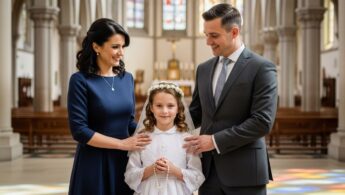 Dieťa v bielom oblečení na prvé sväté prijímanie s rodičmi v kostole pri oknách.