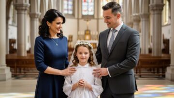 Dieťa v bielom oblečení na prvé sväté prijímanie s rodičmi v kostole pri oknách.