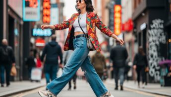 Mladá žena kráča mestskou ulicou v kombinácii súčasnej a vintage módy v živom mestskom prostredí.