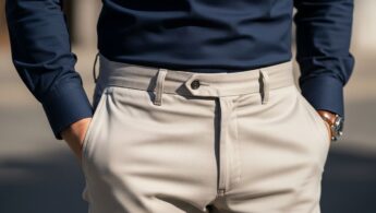 Muž v tmavomodrej košeli a béžových nohaviciach stojaci vonku v dennom svetle, pozadie rozmazané.