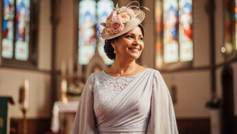 sefra stojaca v svetlom kostole v elegantných šatách s klobúkom, jemné farebné tóny a rozmazané vitráže