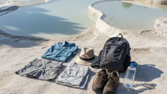 Turistický outfit na prírodných terasách s termálnymi bazénmi v Pamukkale, Turecko, za denného svetla