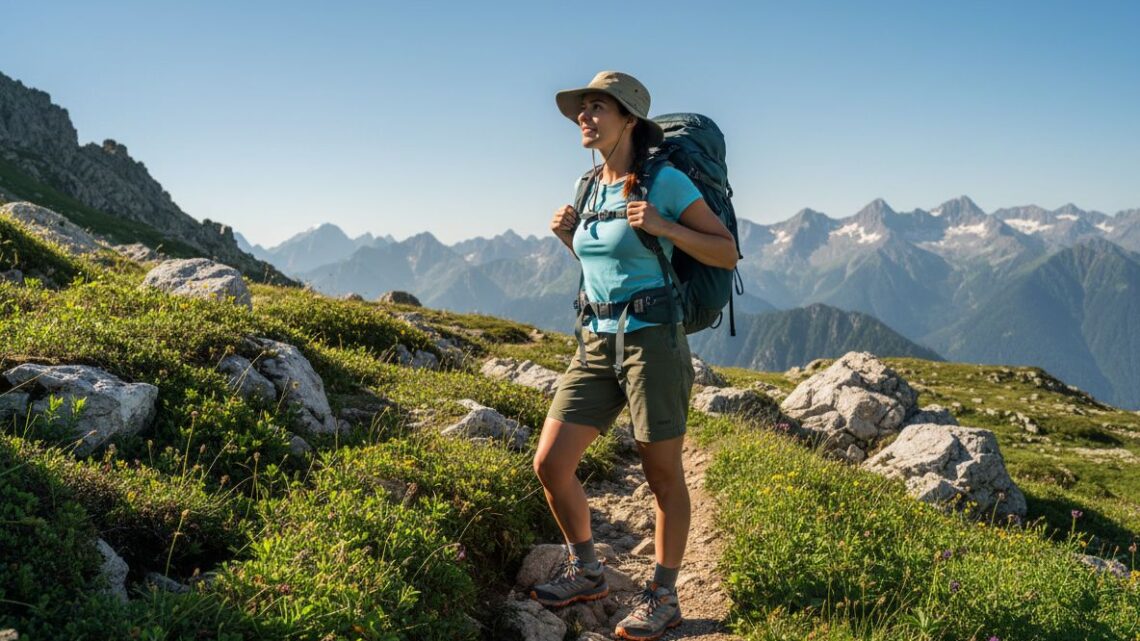 Turista v letnom oblečení stojí na horskej ceste s batohom, obklopený alpskou vegetáciou.