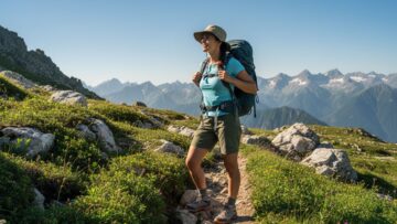 Turista v letnom oblečení stojí na horskej ceste s batohom, obklopený alpskou vegetáciou.