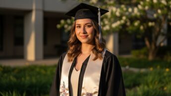 Mladá žena v absolventskom odeve pózuje vonku za zlatú hodinu s moderným pozadím.